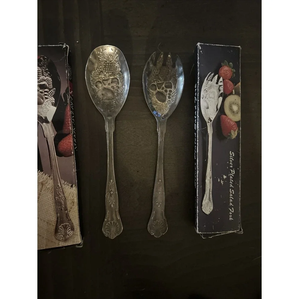 Vintage Silver Plated Salad Fork Serving Spoon Fruit Pineapple China W/boxes